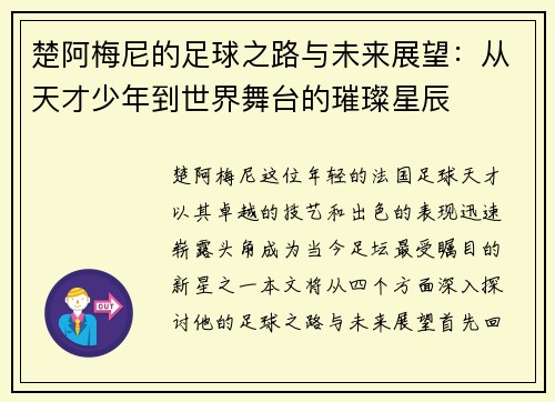 楚阿梅尼的足球之路与未来展望：从天才少年到世界舞台的璀璨星辰